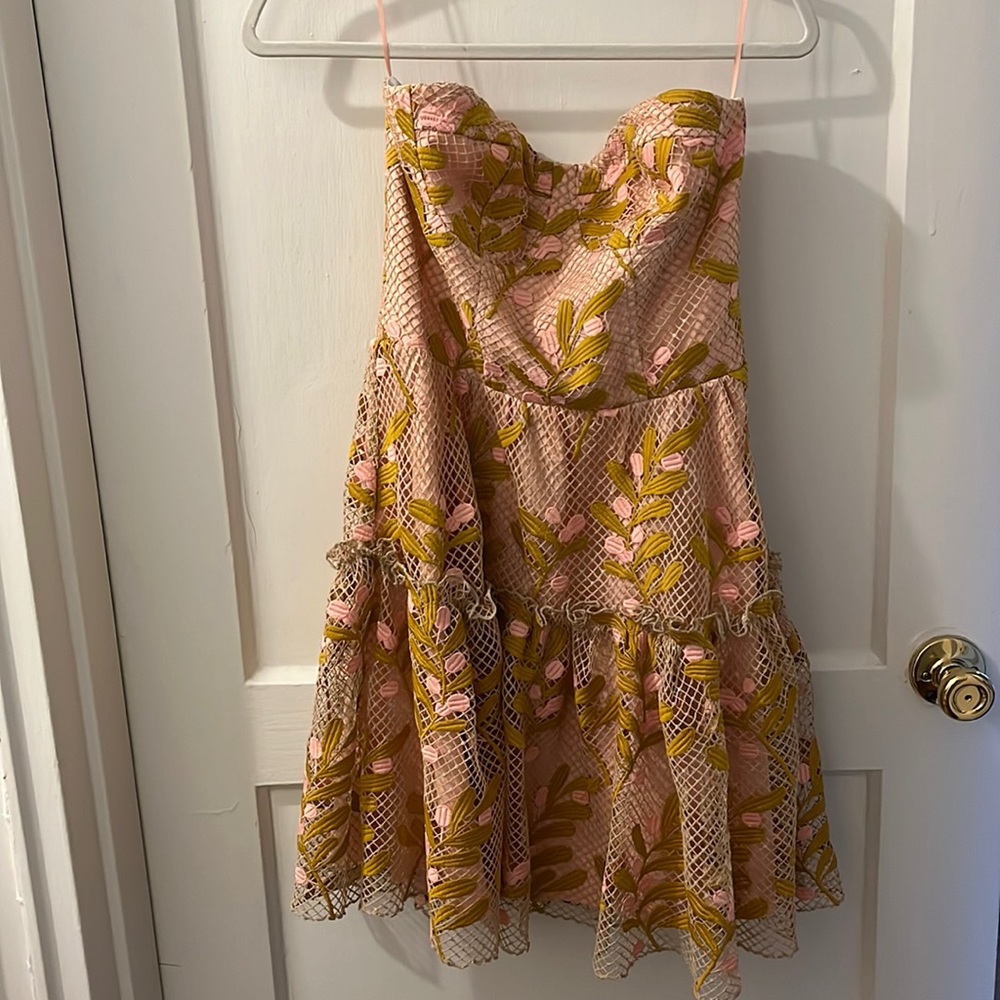 Eva Franco Floral Lace Strapless Mini Dress